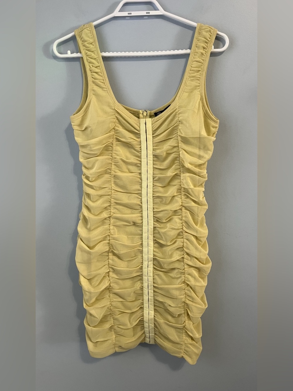 NWT Shinestar Yellow Ruched Bodycon Mesh-Covered Sleeveless Mini Dress Size L
